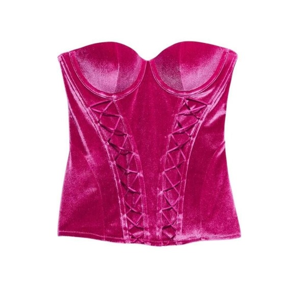 Savage X Fenty Other - Savage X Fenty Corset Top Womens Large Pink Velvet Strapless Lace Up Boned New